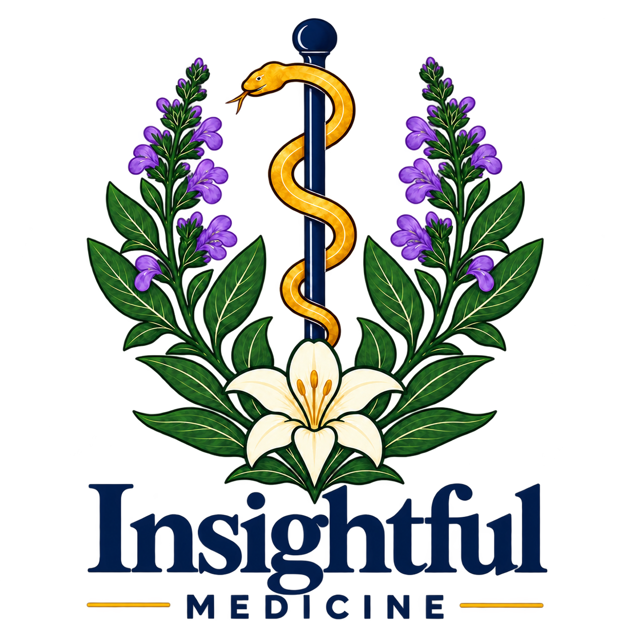 Insightful Medicine logo: a gold snake on a navy rod of Asclepius, framed by purple sage flowers, green leaves, and a white lily